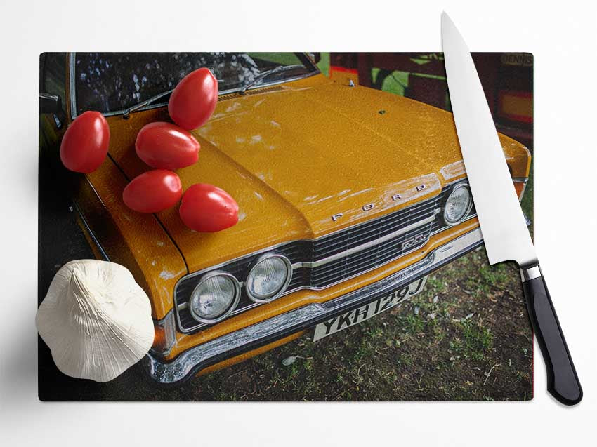 Mean yellow classic car Glass Chopping Board