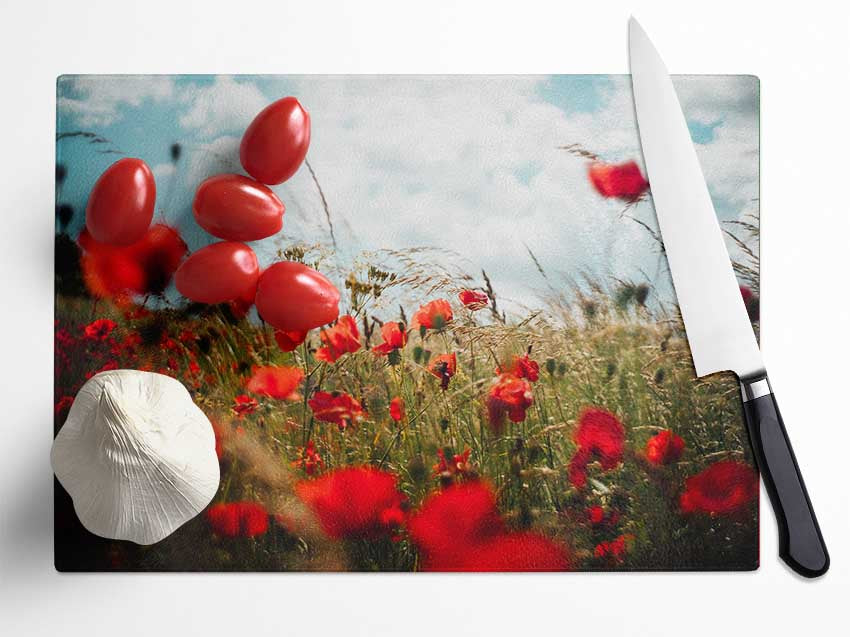 Red Poppies reaching the sky Glass Chopping Board