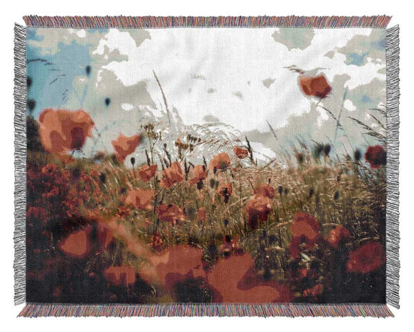 Red Poppies reaching the sky Woven Blanket