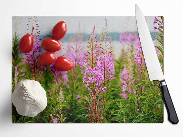 pink flowers in front of the stream Glass Chopping Board