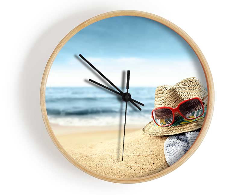 Sun hat and sunglasses on the beach Clock - Wallart-Direct UK