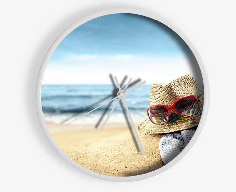 Sun hat and sunglasses on the beach Clock - Wallart-Direct UK