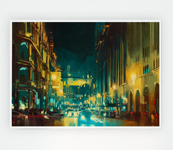 Busy Night Traffic Watercolour Print Poster Wall Art