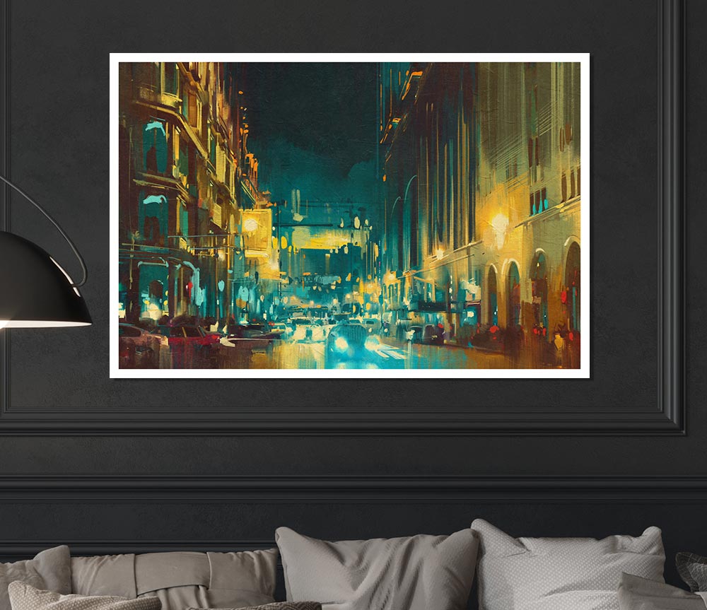 Busy Night Traffic Watercolour Print Poster Wall Art