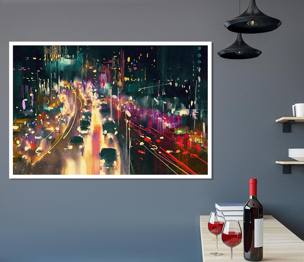 Busy Night Traffic Lights Watercolour Print Poster Wall Art