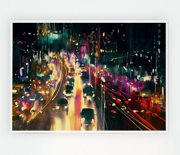 Busy Night Traffic Lights Watercolour Print Poster Wall Art