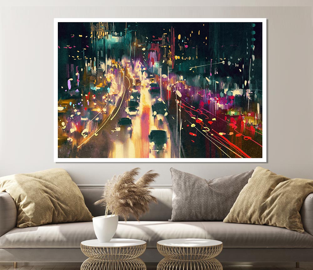 Busy Night Traffic Lights Watercolour Print Poster Wall Art