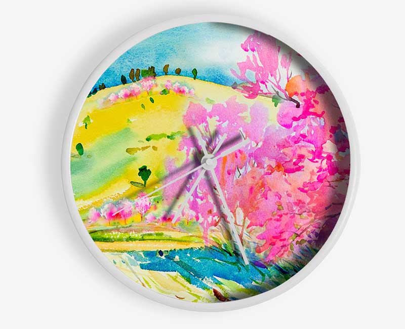 Pink Blossom Hilltops Clock - Wallart-Direct UK