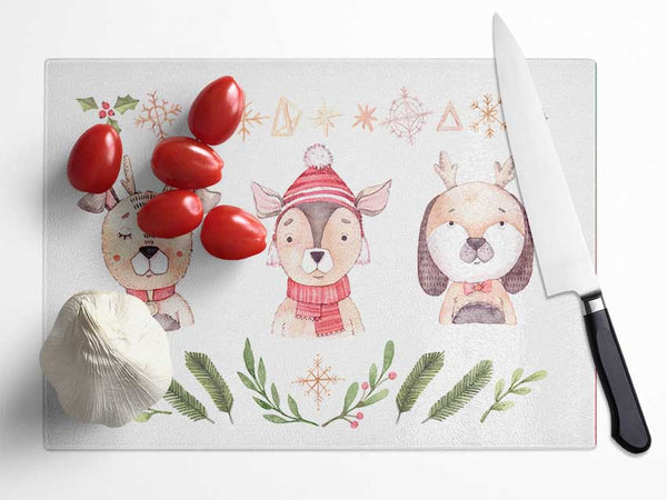 Three Woodlands Animals At Christmas Glass Chopping Board