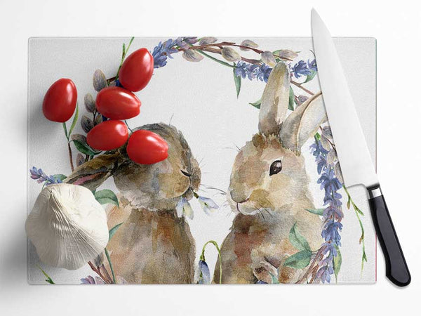 Two Watercolour Rabbits Glass Chopping Board