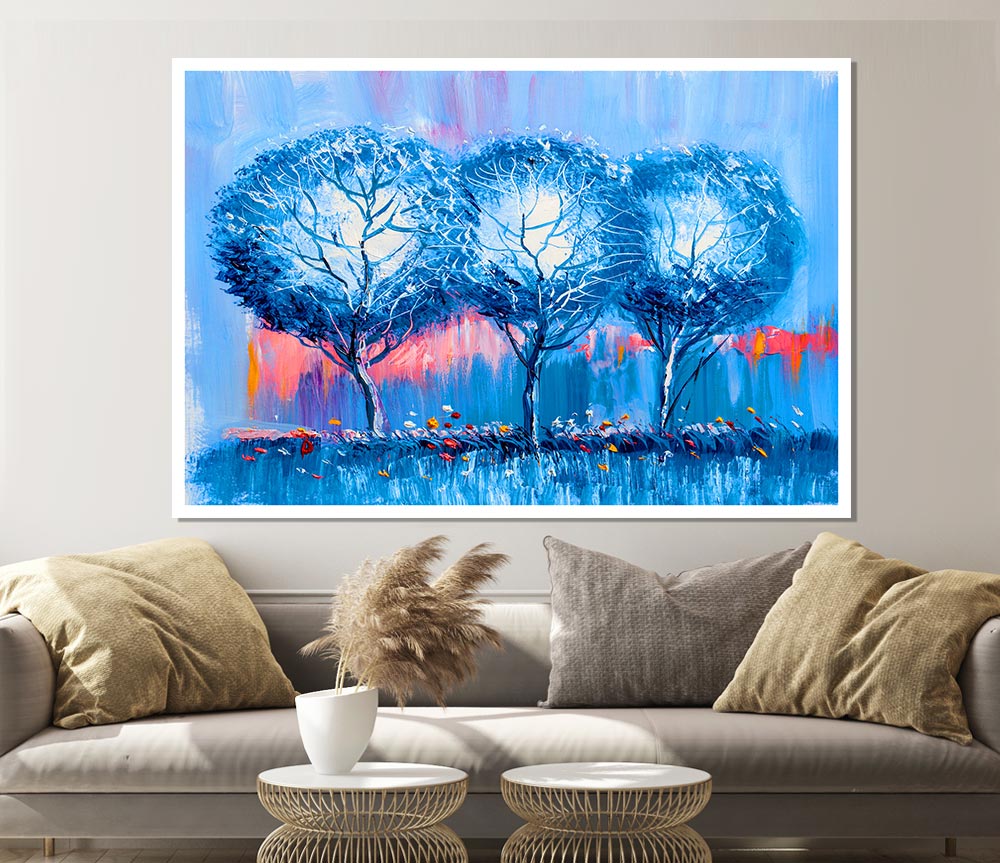 Three Blue Winter Trees Print Poster Wall Art