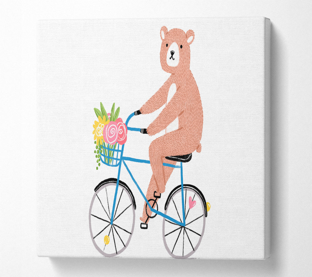 A Square Canvas Print Showing Bear Riding A Bike Square Wall Art