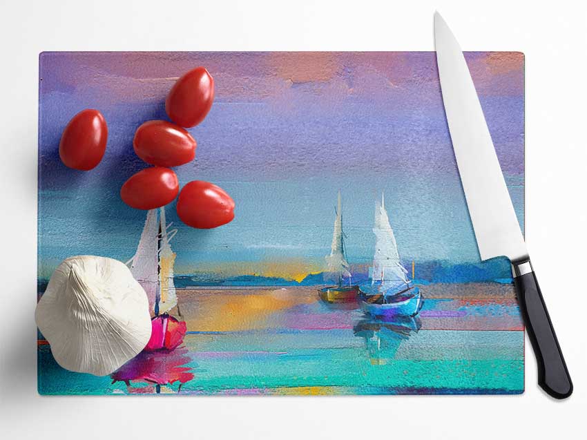 Turquoise Watercolour Boats Glass Chopping Board