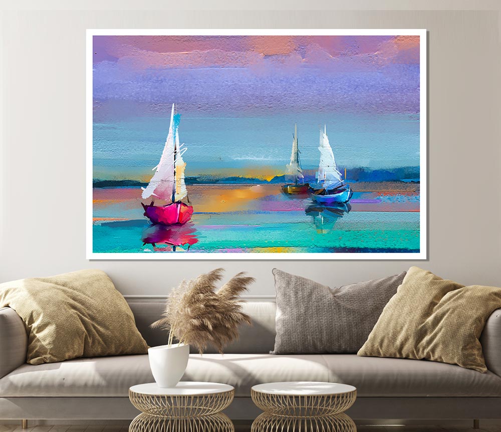 Turquoise Watercolour Boats Print Poster Wall Art