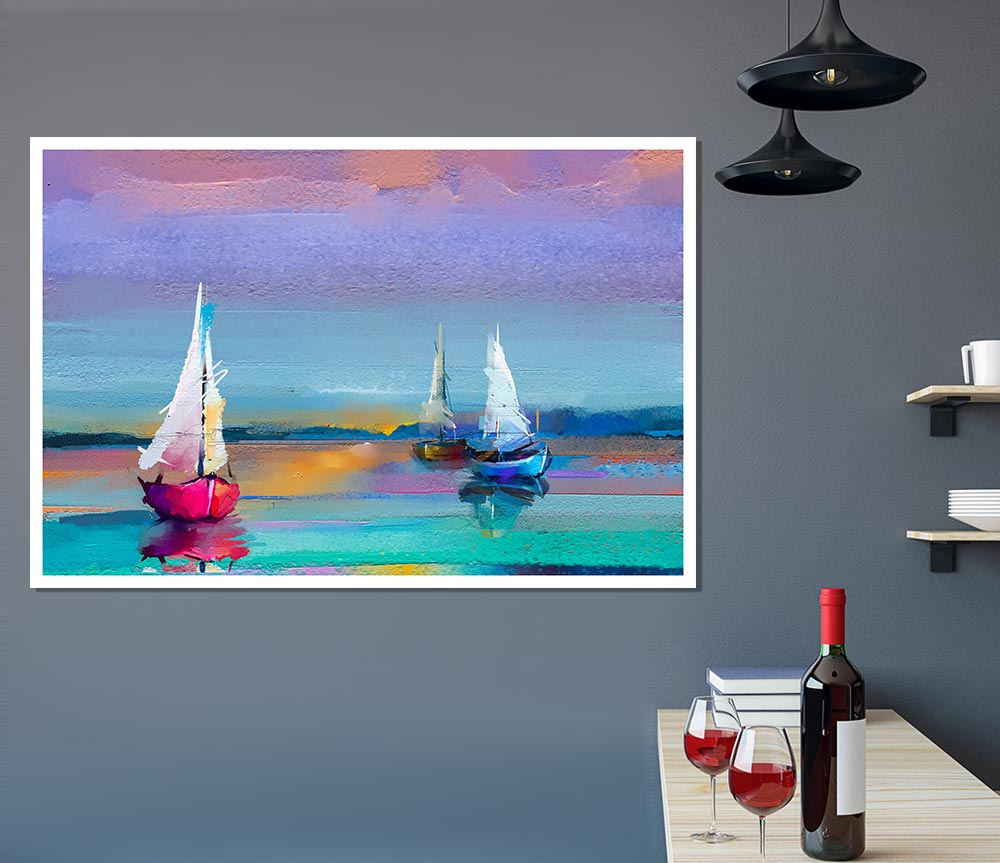 Turquoise Watercolour Boats Print Poster Wall Art