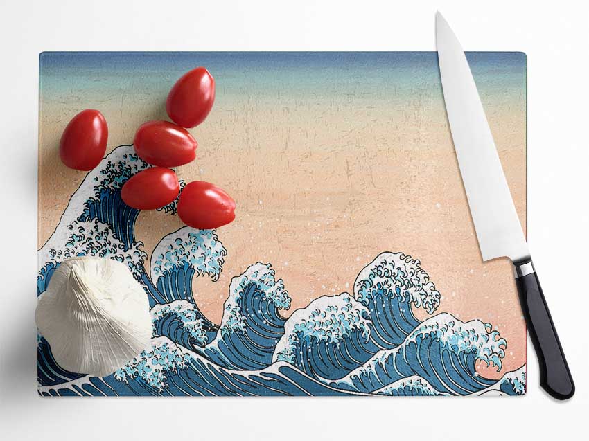 Japanese Waves In The Sunset Glass Chopping Board