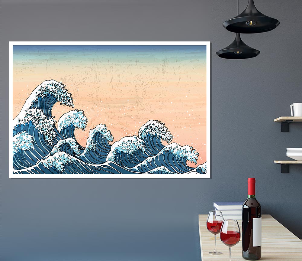 Japanese Waves In The Sunset Print Poster Wall Art