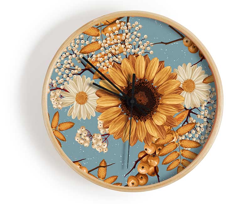 Sunflowers On Blue Clock - Wallart-Direct UK