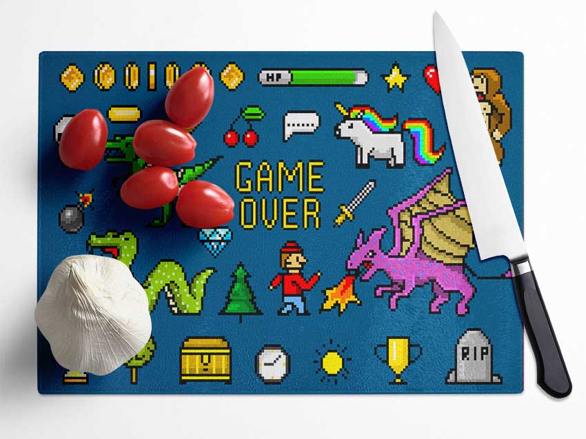 Game Over 8 Bit Glass Chopping Board