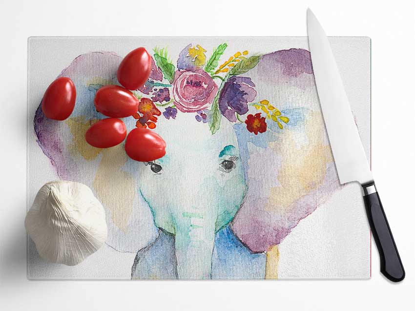 Floral Elephant Glass Chopping Board