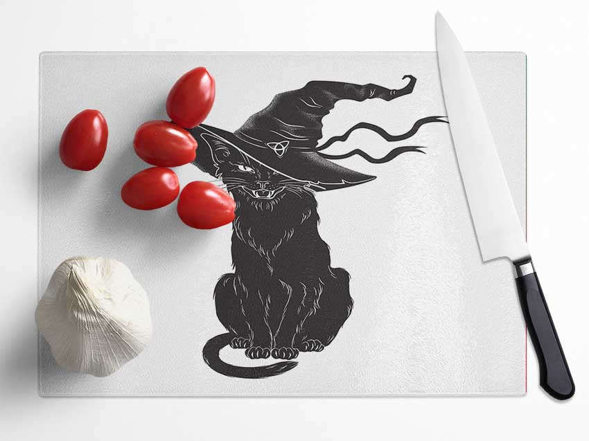 Black Cat Witches Hat Glass Chopping Board