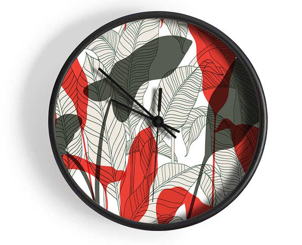 Leaves Of Red And Grey Clock - Wallart-Direct UK