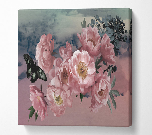 A Square Canvas Print Showing Cloudy Butterfly Flowers Square Wall Art