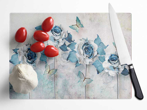 Teal Roses And Butterflies Glass Chopping Board