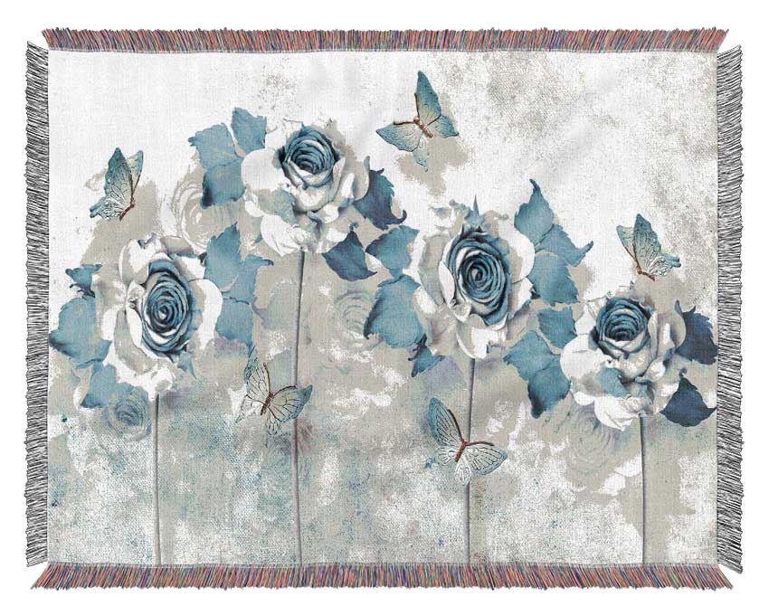 Teal Roses And Butterflies Woven Blanket