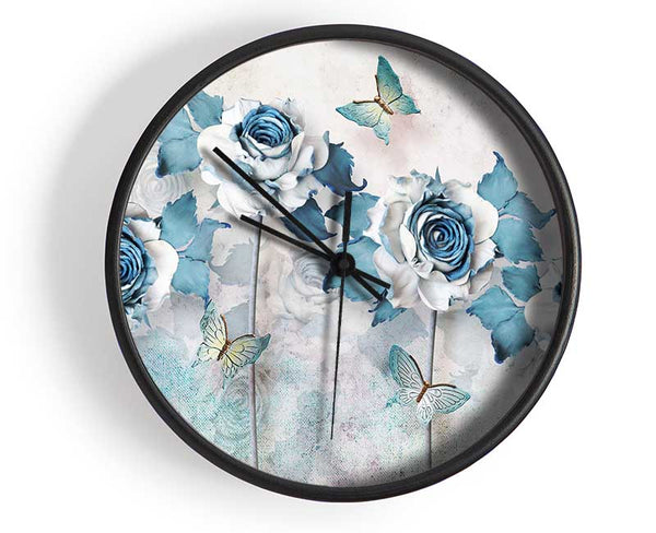 Teal Roses And Butterflies Clock - Wallart-Direct UK