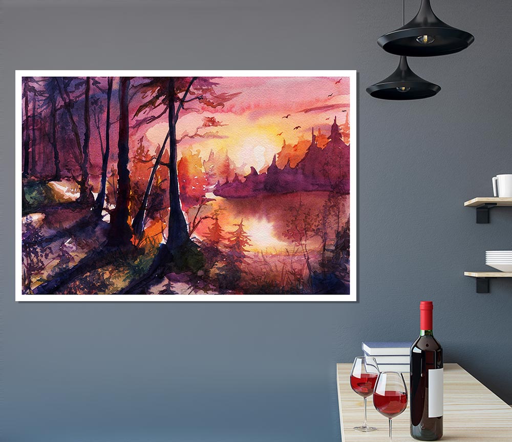 Vibrant Orange Sun In The Forest Print Poster Wall Art