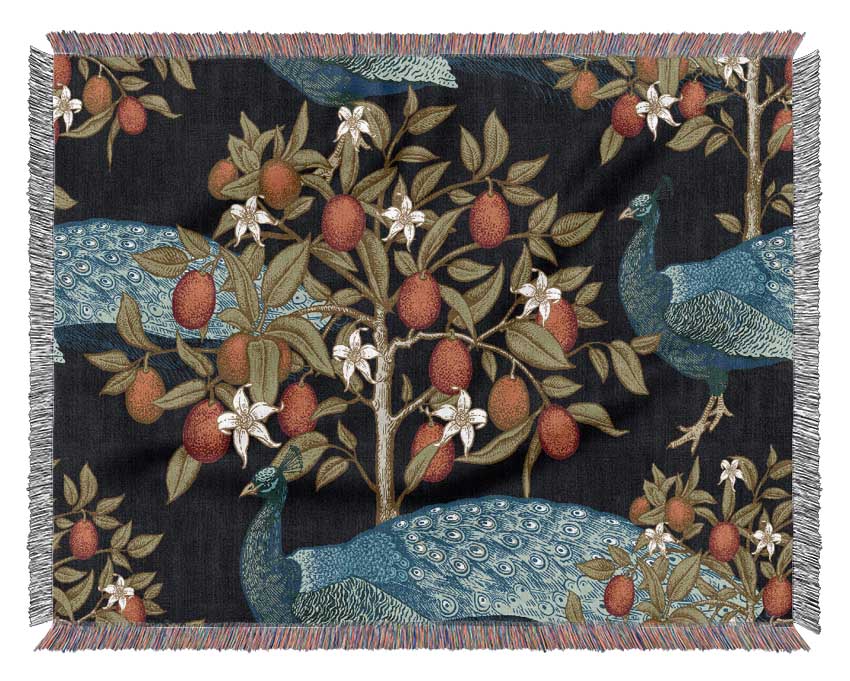 The Peacock And Orange Tree Woven Blanket