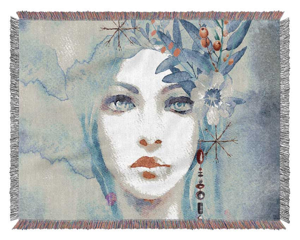 Blue Face Woman Watercolour Woven Blanket