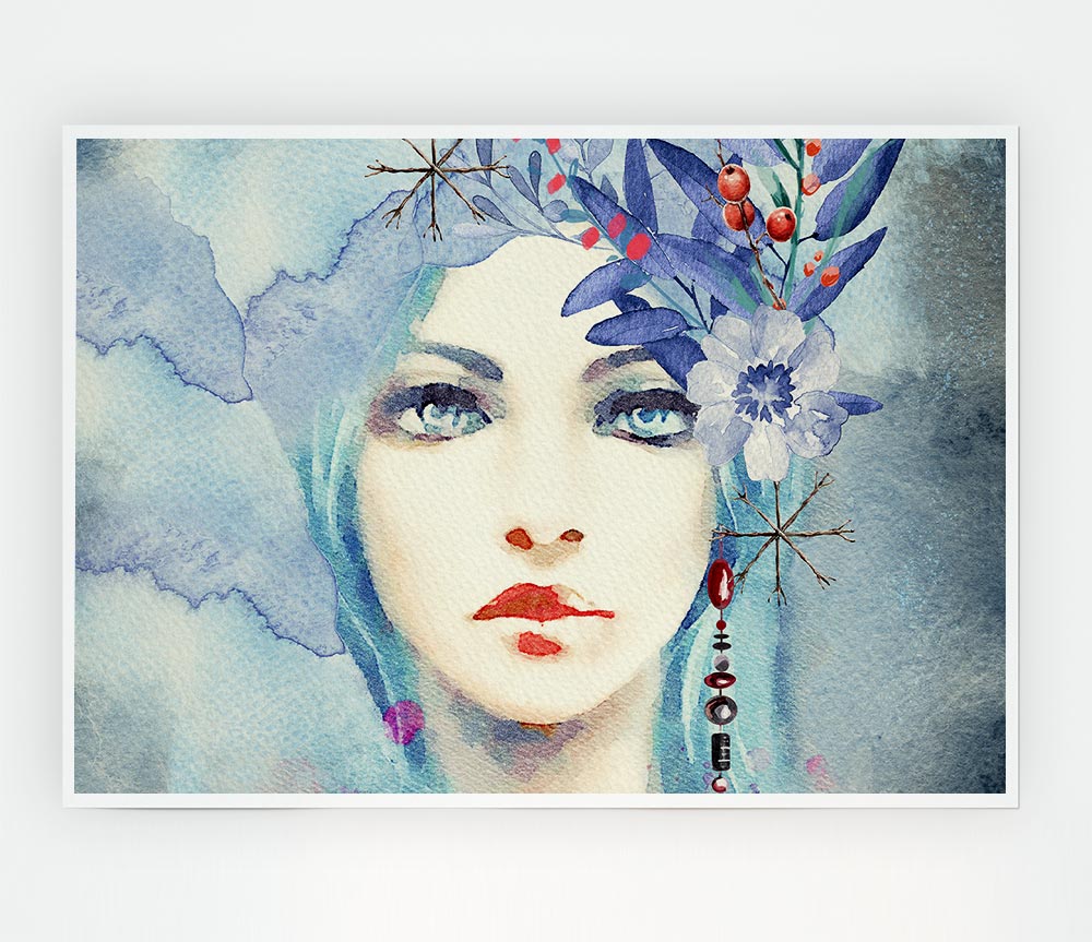 Blue Face Woman Watercolour Print Poster Wall Art