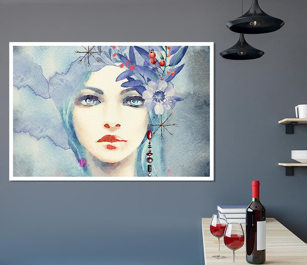 Blue Face Woman Watercolour Print Poster Wall Art