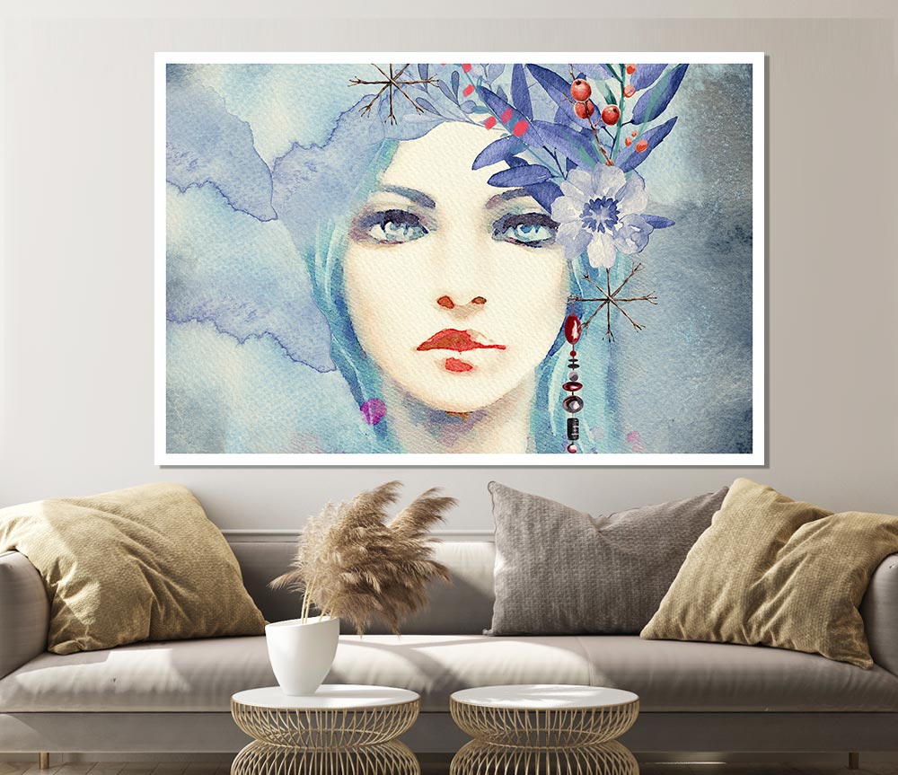 Blue Face Woman Watercolour Print Poster Wall Art