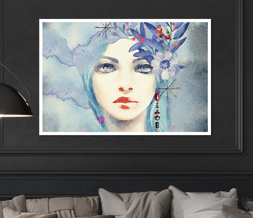 Blue Face Woman Watercolour Print Poster Wall Art