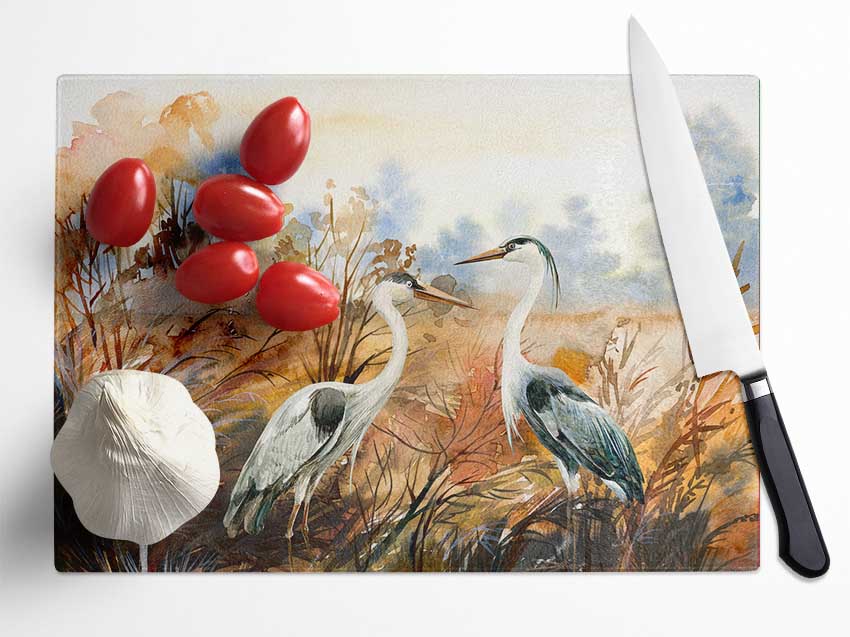 Herons In The Pond Glass Chopping Board