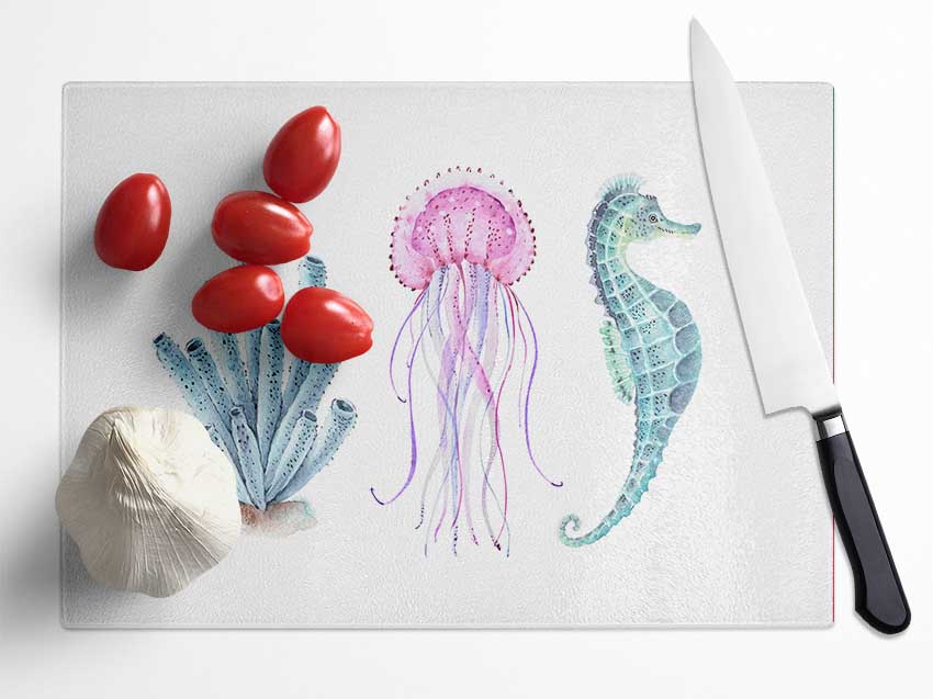 Seahorse Watercolour Glass Chopping Board