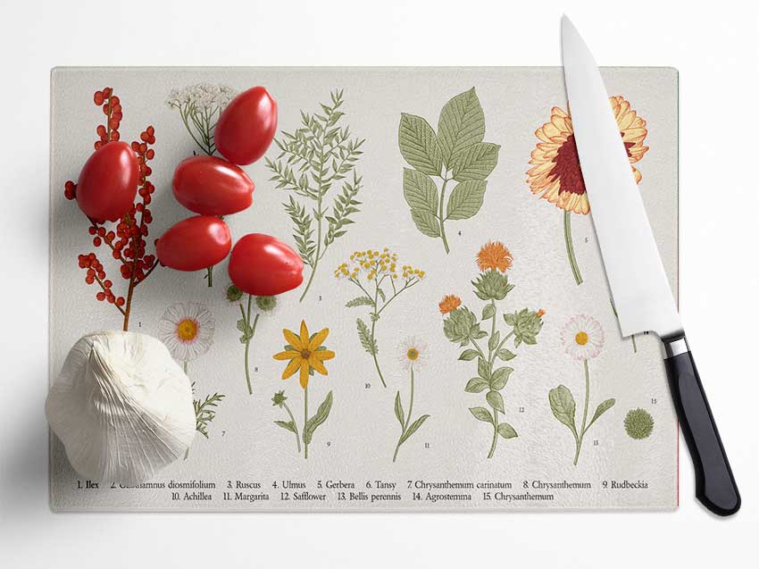 Flower Illustration Handrawn Glass Chopping Board