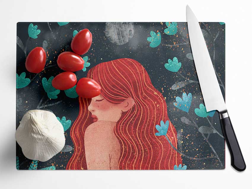 Red Haired Girl Flowers Glass Chopping Board