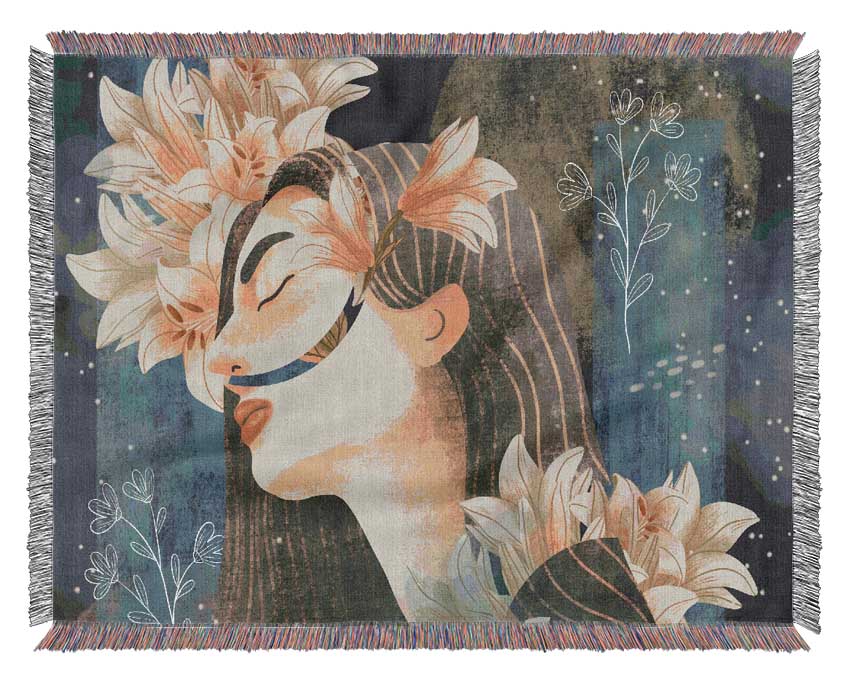 Cream Flowers Woman Woven Blanket