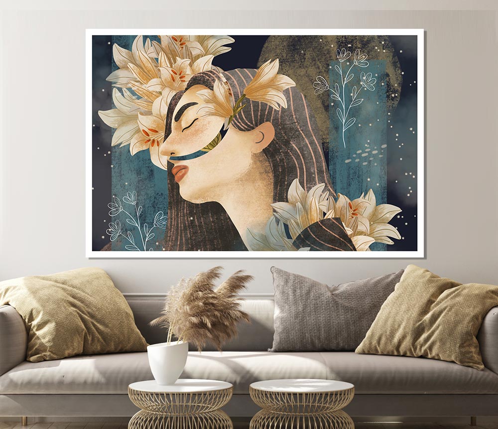 Cream Flowers Woman Print Poster Wall Art