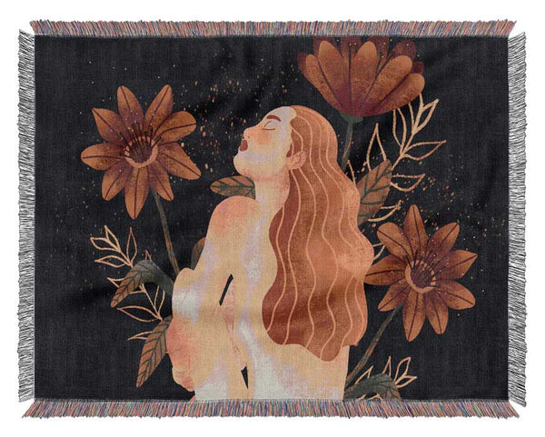 Red Haired Girl Floral Woven Blanket