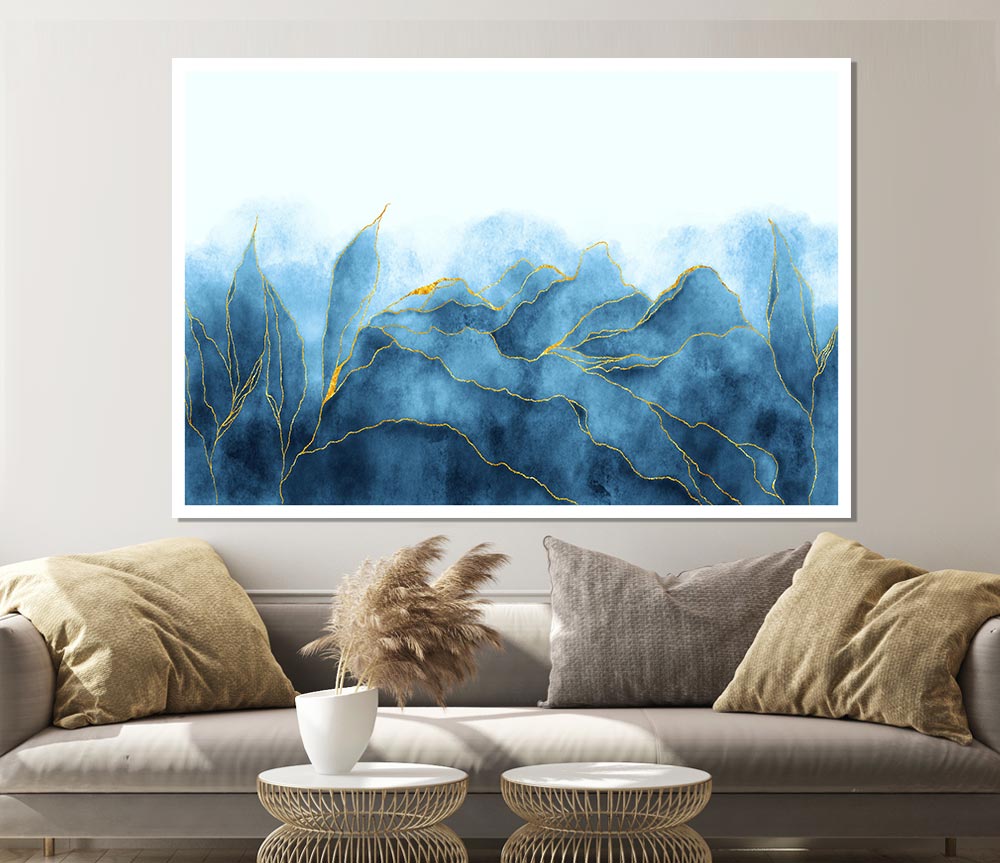 Blue Mists Of Gold Leaf Print Poster Wall Art