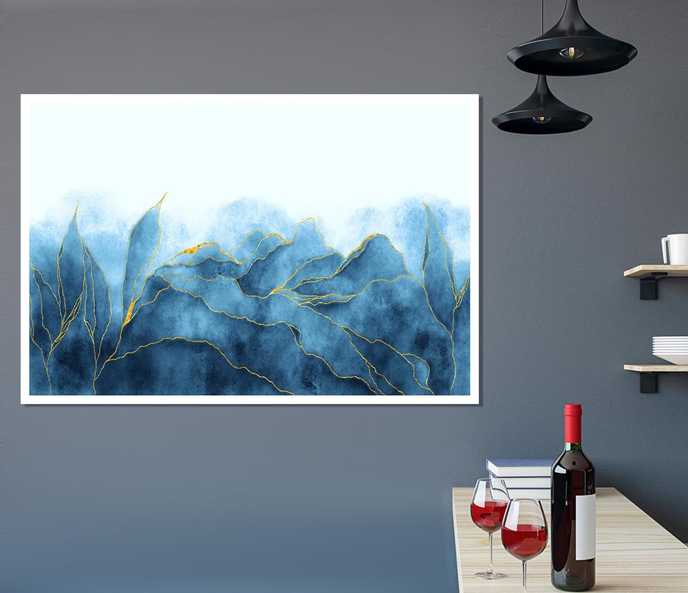 Blue Mists Of Gold Leaf Print Poster Wall Art