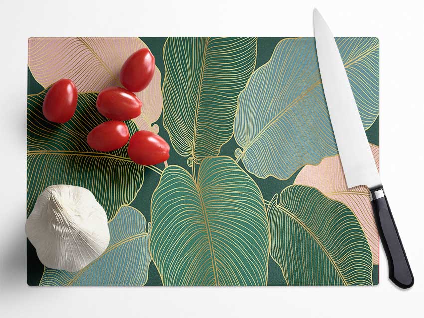 Palm Leaf Gold Lines Glass Chopping Board