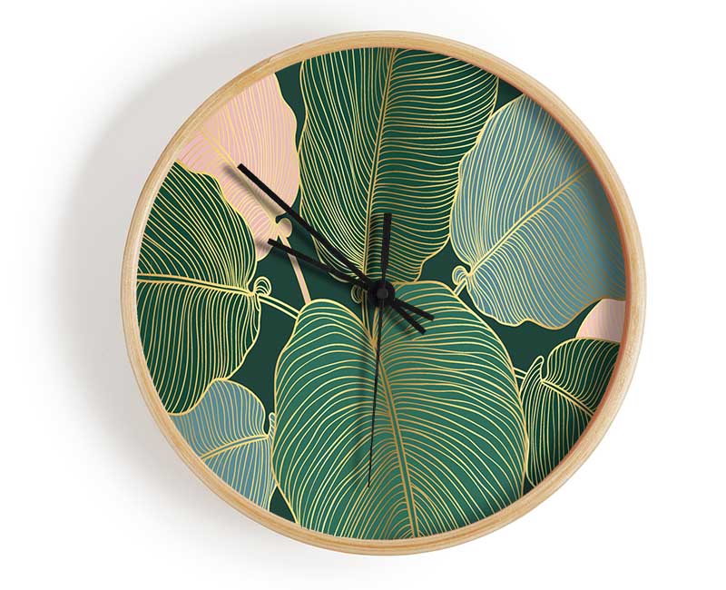 Palm Leaf Gold Lines Clock - Wallart-Direct UK