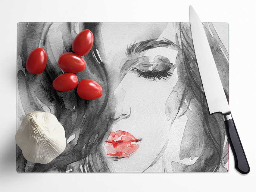 Watercolour Red Lips Glass Chopping Board