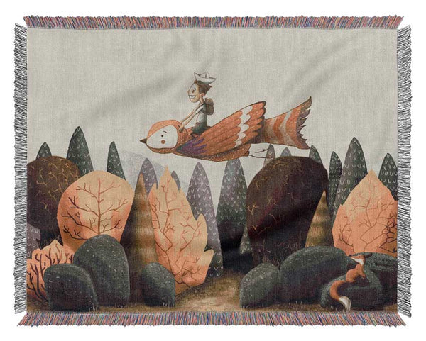 Riding Bird Through The Woodlands Woven Blanket